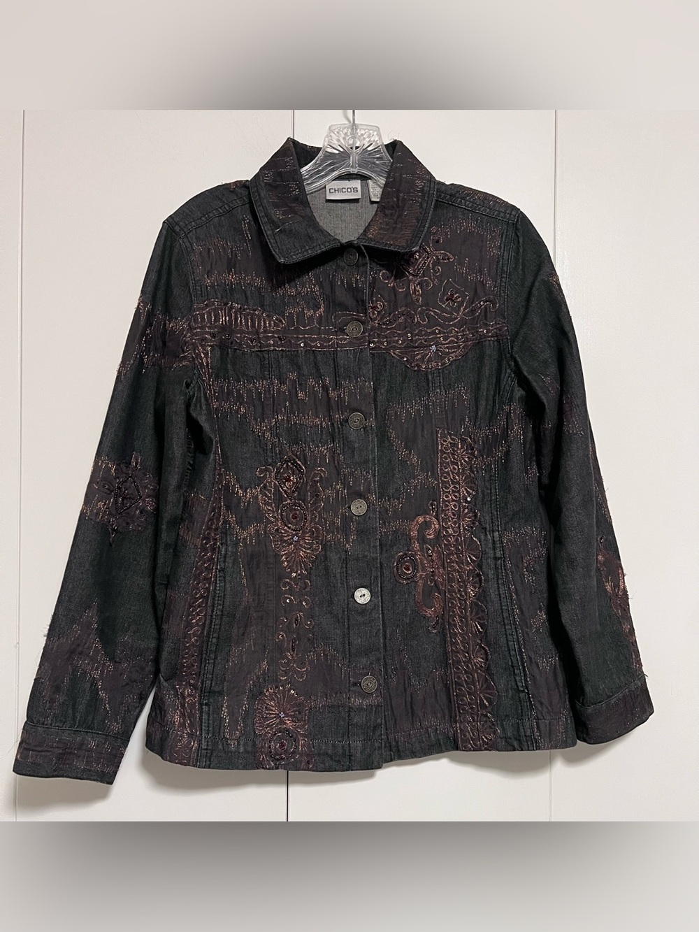 Vintage Chico's Size 0 Small Black Denim Jacket with Bronze Metallic Embroidery
